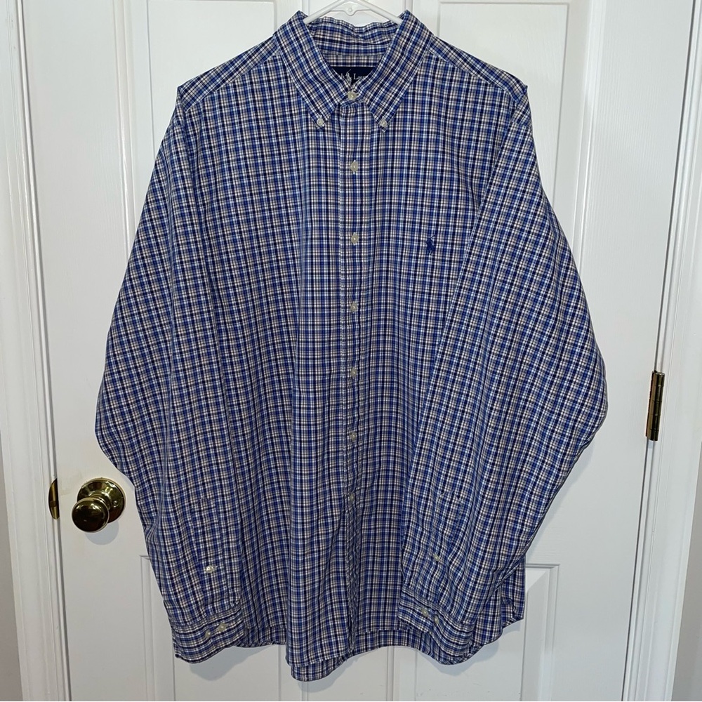 Ralph Lauren Embroidered Pony Blue White Long Sleeve Checkered Shirt Mens XL